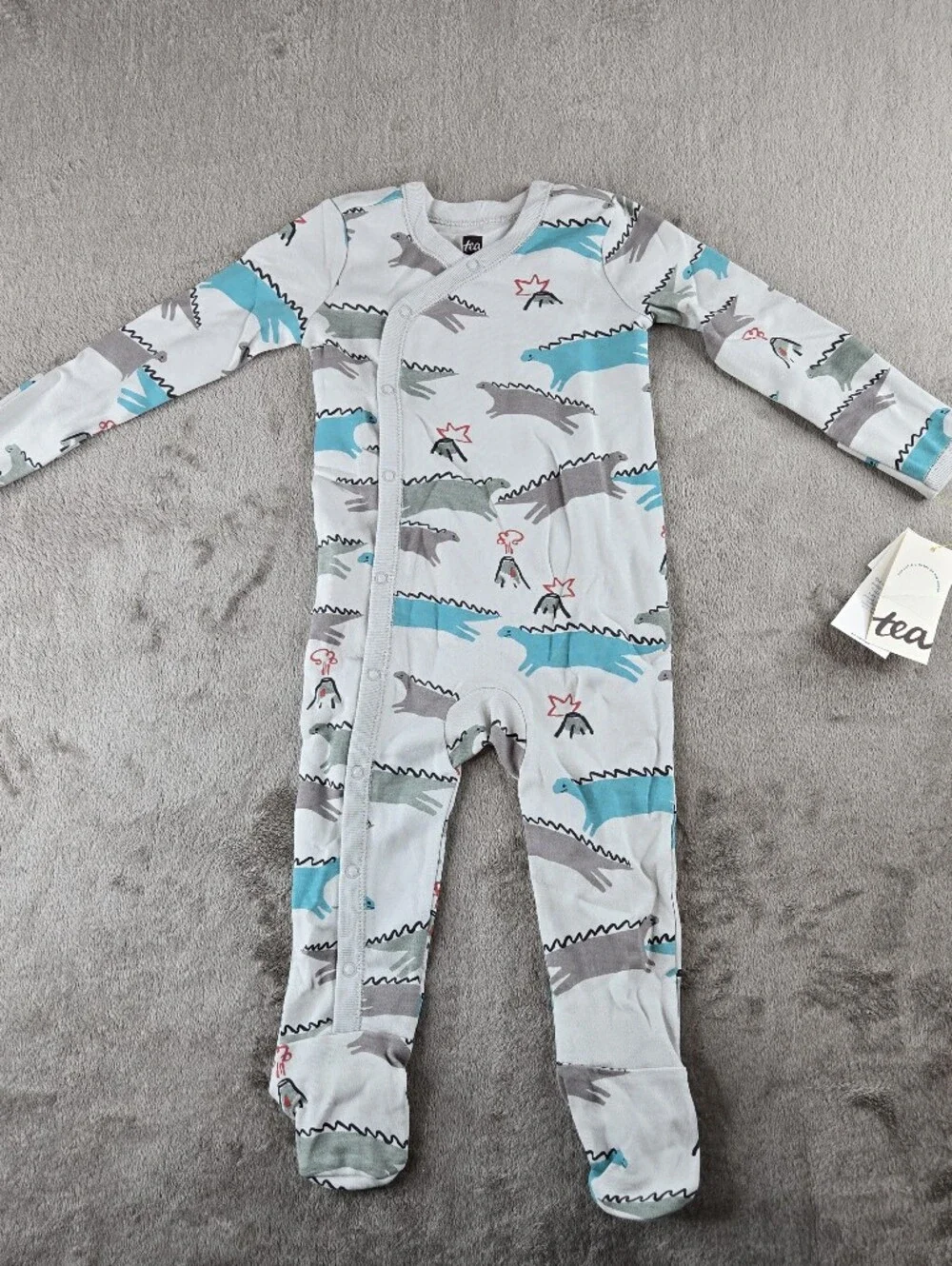 Tea Collection White Baby Sleeper PJ Footie with Dino Teal and Gray Prints 6-9 M